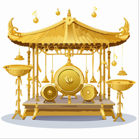 An ornate collection of traditional golden gamelan instruments rests under a pagoda, waiting to fill the air with harmonious and spiritual melodies.のイラスト素材