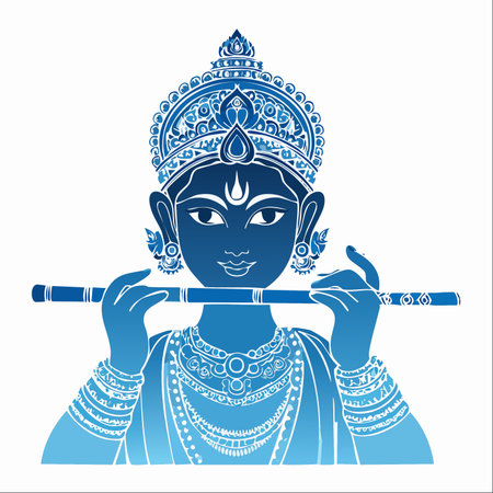 A serene and stylized illustration of the Hindu deity Lord Krishna, depicted in a beautiful blue gradient. He is shown playing his divine flute, the bansuri, creating a melody of peace and love.のイラスト素材