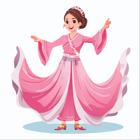A joyful illustration of a beautiful woman in a flowing pink traditional Chinese Hanfu.のイラスト素材