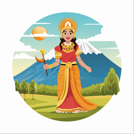 A beautifully illustrated Hindu goddess stands gracefully in a lush, green valley, adorned in traditional attire and holding a celestial scepter.のイラスト素材