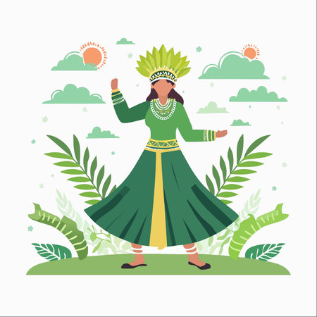 An illustration of a woman in a vibrant green traditional costume and an elaborate leaf headdress, joyfully dancing amidst nature.のイラスト素材