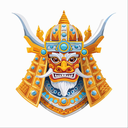 This striking illustration depicts a mythical samurai demon mask, gleaming in gold and accented with celestial blue.のイラスト素材