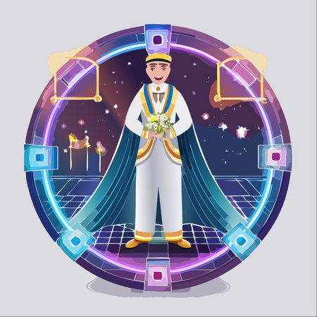 A smiling prince, dressed in elegant ceremonial attire and holding a bouquet, stands within a glowing celestial portal.のイラスト素材