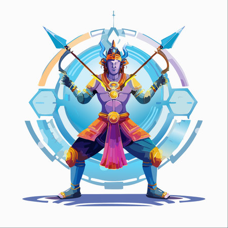 A powerful, futuristic depiction of the Hindu deity Rama, reimagined as a sci-fi warrior.のイラスト素材