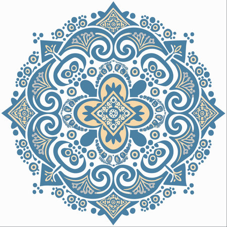 A beautifully detailed damask medallion, rendered in a calming palette of blue and soft yellow.のイラスト素材