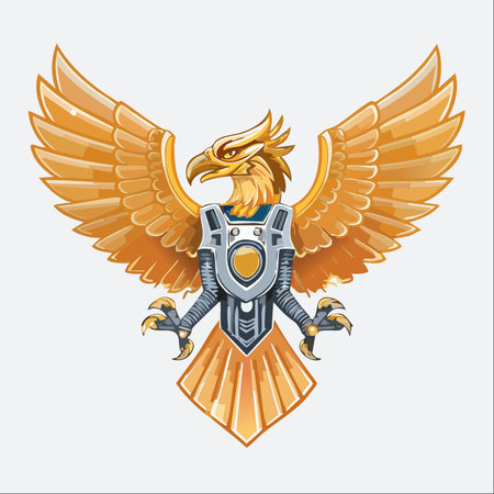 A majestic golden eagle is transformed into a symbol of futuristic power, clad in advanced cybernetic armor.のイラスト素材