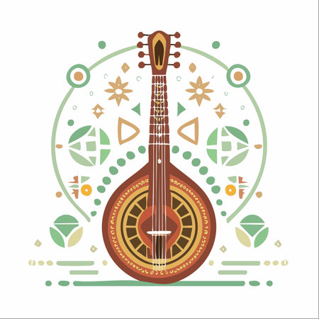An artistic representation of a traditional Portuguese guitar, surrounded by folk-inspired geometric patterns.のイラスト素材