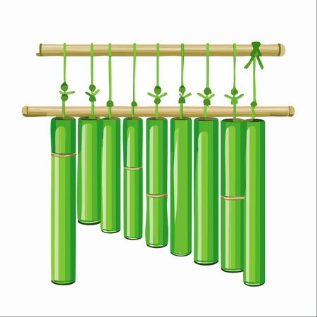 A beautifully crafted bamboo wind chime hangs serenely, its green tubes promising a gentle, melodic sound with the slightest breeze.のイラスト素材