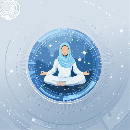 A serene Muslim woman in a hijab finds her center, meditating in the lotus position.のイラスト素材