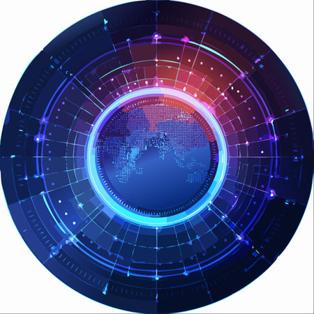 A sophisticated heads-up display showcases a digital world map, representing the intricate web of global data and communication.のイラスト素材