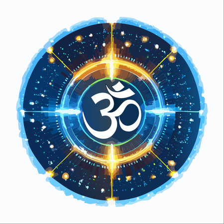 The ancient Om symbol is reimagined in a futuristic context, glowing at the center of a cosmic,...