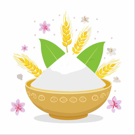 A beautifully decorated golden bowl holds a mound of freshly milled wheat flour, ready for baking.のイラスト素材