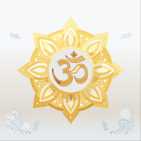 An elegant illustration of the sacred Om symbol, radiating from the center of a shimmering golden lotus mandala.のイラスト素材
