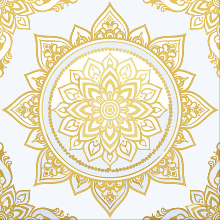 An intricate golden mandala unfolds in perfect symmetry against a pristine white background.のイラスト素材