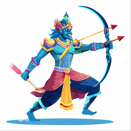 A powerful vector illustration of the Hindu deity Lord Rama in a dynamic battle stance.のイラスト素材