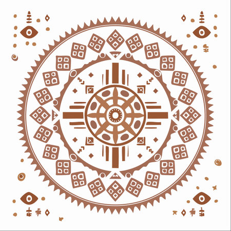 A hand-drawn illustration of a mystical sun wheel mandala, rich with tribal patterns and sacred geometry.のイラスト素材