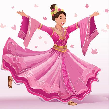 A vibrant illustration of a joyful woman celebrating her culture through dance.のイラスト素材