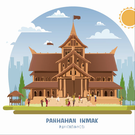 An illustration depicting a grand, traditional wooden building standing as a cultural centerpiece against a modern city skyline.のイラスト素材