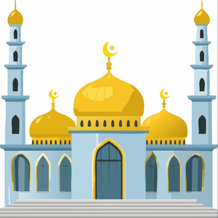 A beautiful illustration of a grand mosque, featuring striking golden domes and serene blue minarets against a clean white background.のイラスト素材