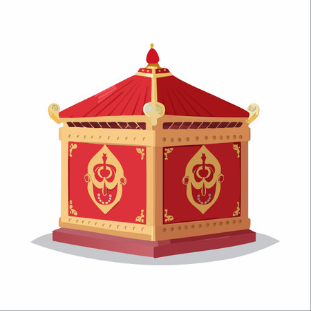 An exquisitely crafted red and gold chest, designed in the style of a traditional Asian pagoda. This ornate container, isolated on a white background, holds secrets, treasures, or sacred memories.のイラスト素材