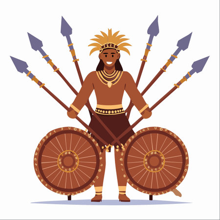 A proud and confident tribal warrior stands ready, a warm smile on their face.のイラスト素材
