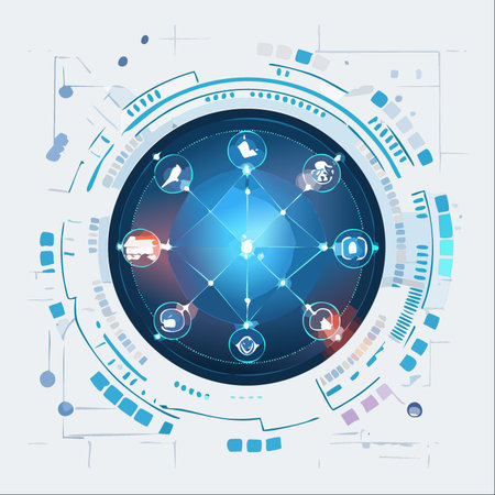 A central glowing hub connects various data points, from logistics and cloud services to user information, representing a seamless global network.のイラスト素材
