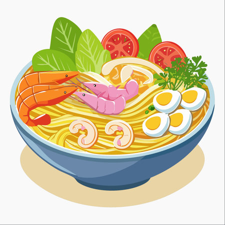 A vibrant and appetizing illustration of a steaming bowl of Asian seafood ramen.のイラスト素材