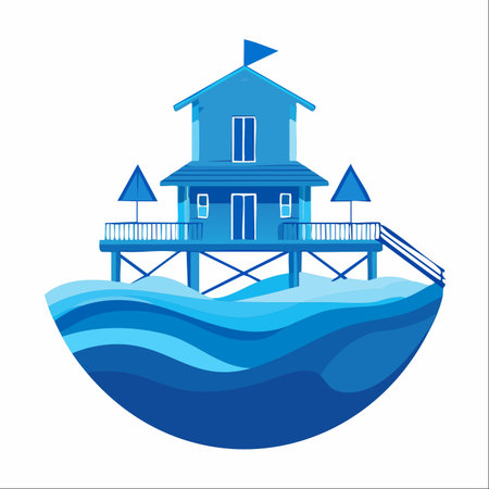 A charming blue stilt house stands peacefully above rolling ocean waves in this clean, modern vector illustration.のイラスト素材