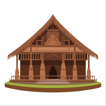 An elegant vector illustration of a traditional Indonesian wooden house, showcasing intricate craftsmanship and cultural heritage.のイラスト素材
