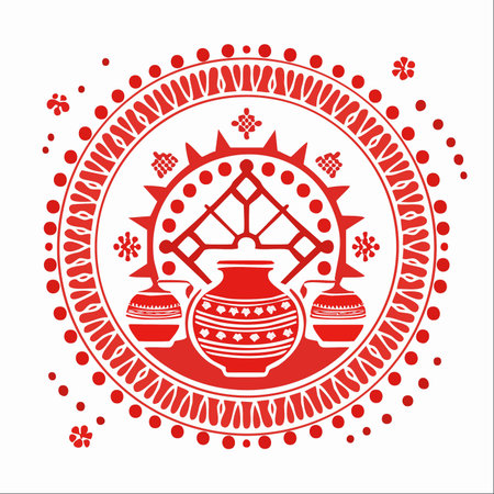 A beautiful and intricate red folk art mandala, inspired by traditional Indian Alpana and Rangoli designs.のイラスト素材