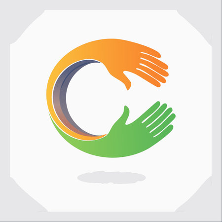 An abstract logo featuring two colorful hands, one orange and one green, forming a protective circle.のイラスト素材
