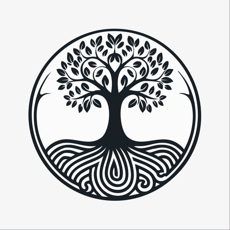 A powerful and elegant black and white illustration of the Tree of Life, enclosed within a perfect circle.のイラスト素材