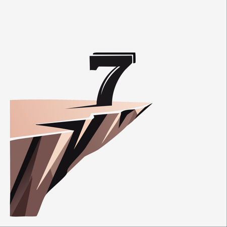 A bold number seven stands defiantly at the edge of a steep precipice. This minimalist vector illustration symbolizes risk, a critical turning point, or facing a significant challenge.のイラスト素材