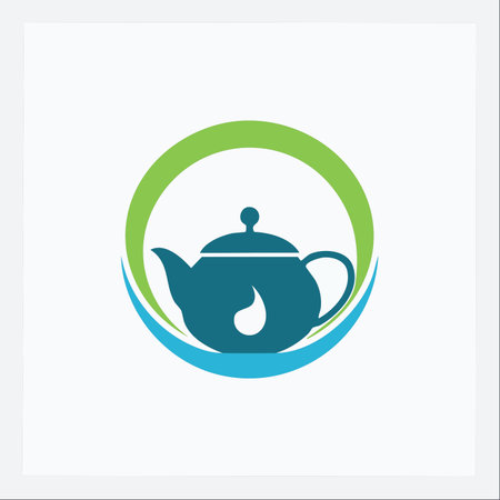 A minimalist logo design symbolizing health and refreshment. A classic teapot silhouette, featuring a pure water drop, is embraced by green and blue swooshes representing nature and hydration.のイラスト素材