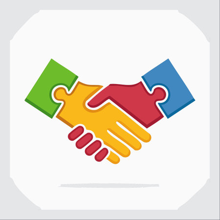 A vibrant illustration of a handshake formed by interlocking puzzle pieces.のイラスト素材