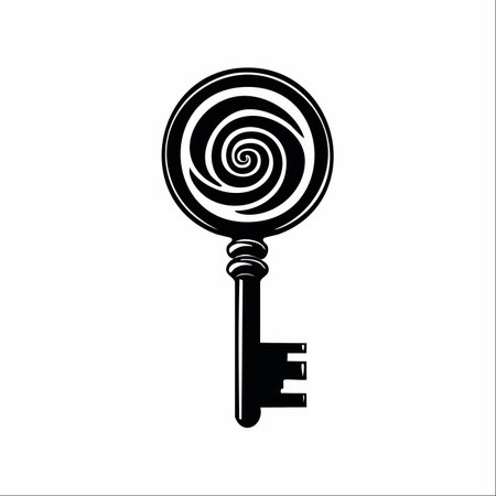 A single, ornate antique key, rendered in a bold black and white style.のイラスト素材