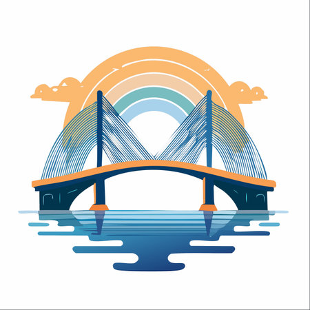 A stylized vector illustration of a modern cable-stayed bridge spanning across calm blue water.のイラスト素材