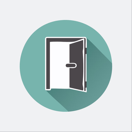 A simple, modern icon of an open door, set against a circular background with a long shadow.のイラスト素材