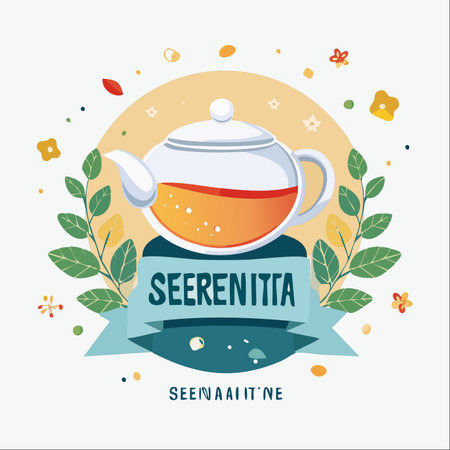 A charming illustration captures the essence of a peaceful tea break. A clear glass teapot, filled with warm, bubbling tea, sits elegantly on a blue banner, framed by fresh green leaves.のイラスト素材