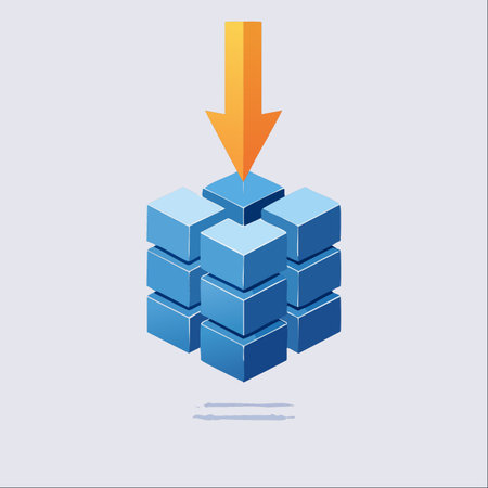 An orange arrow decisively points downward, merging into a structured stack of blue blocks.のイラスト素材