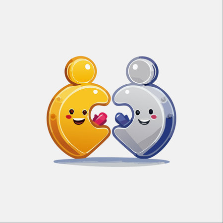 A charming golden puzzle piece and its silver counterpart smile warmly at each other. They are about to connect, each holding a small heart, symbolizing a perfect match and a loving partnership.のイラスト素材