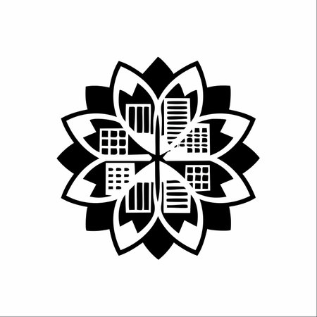 A minimalist black and white graphic combining a flower mandala with city buildings.のイラスト素材