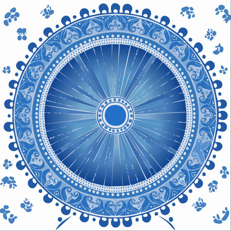 A beautifully detailed circular mandala in classic blue and white, reminiscent of traditional porcelain or Delftware tile.のイラスト素材