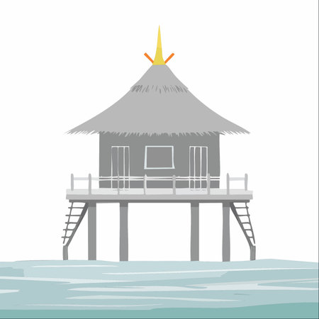 A minimalist vector illustration of a tranquil overwater bungalow on stilts.のイラスト素材