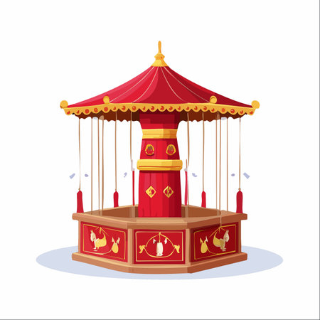 A beautifully ornate red and gold carousel stands ready for a day of fun and laughter.のイラスト素材