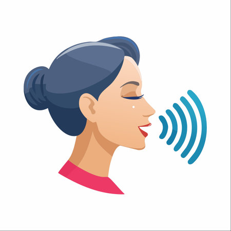 An elegant woman speaks with clarity and confidence, her voice represented by clean, blue sound waves.のイラスト素材