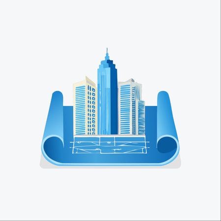 A modern city skyline with towering skyscrapers emerges from a rolled-out architectural blueprint.のイラスト素材