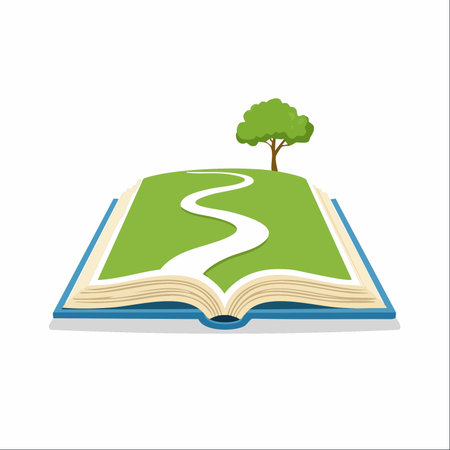 An open book reveals a vibrant green landscape within its pages.のイラスト素材