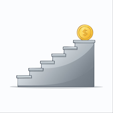 A single gold dollar coin rests at the top of a flight of stairs, symbolizing the successful culmination of a financial journey.のイラスト素材
