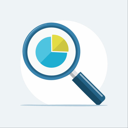 A magnifying glass focuses on a colorful pie chart, symbolizing the process of detailed data analysis and business intelligence.のイラスト素材